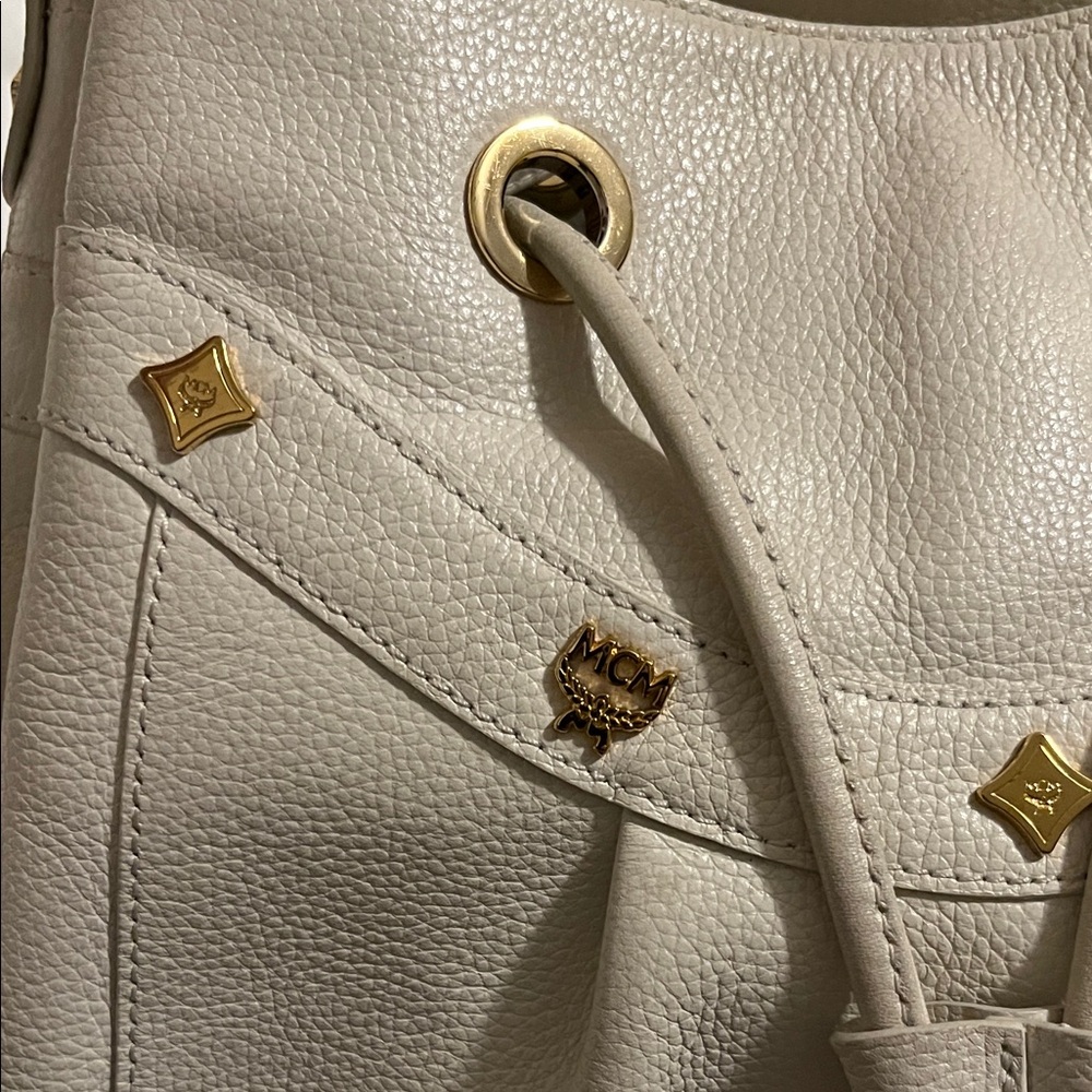 MCM Cream Leather Drawstring Tassel Shoulder Bag - Picture 3 of 14